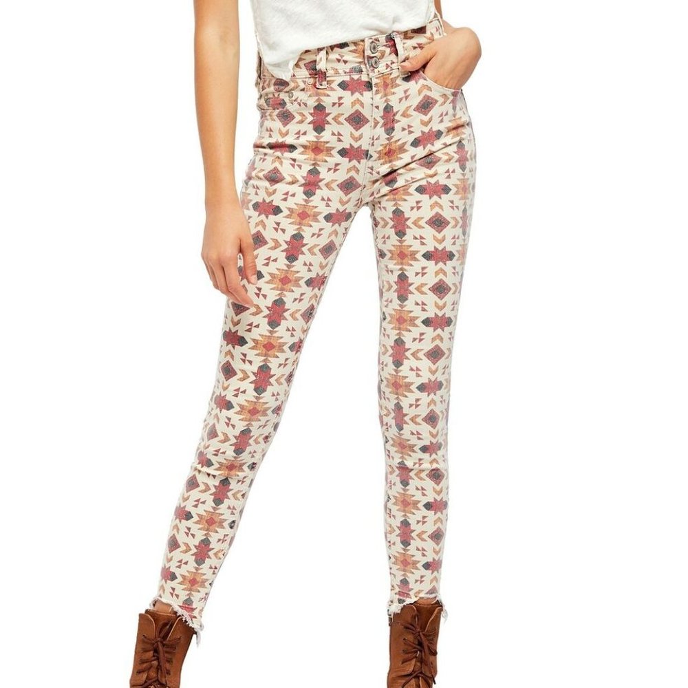 Free People We the Free Wild Child Printed Jagged Hem High Waist Skinny Jeans 28